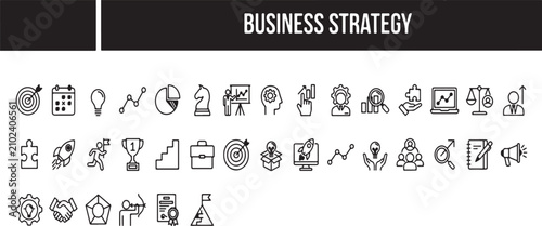 Comprehensive Vector Icon Set Representing Modern Corporate Management Strategic Planning Processes and Professional Development Tools