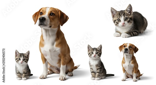 Four adorable mixed breed puppies sitting on white background.