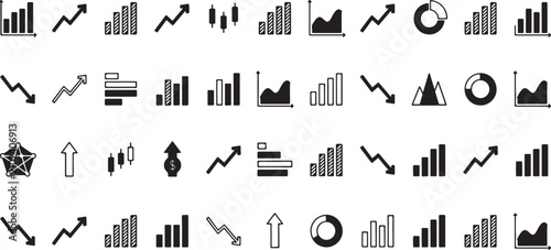 Professional Business Data Analysis Icon Set Featuring Financial Charts, Growth Arrows, and Statistical Graphs for Presentations