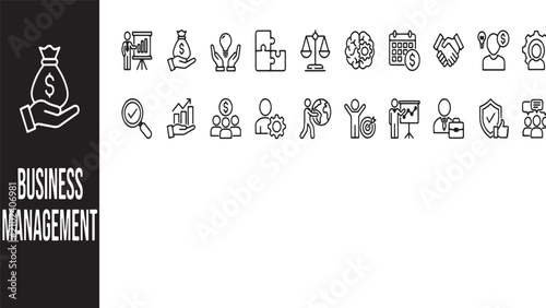 A comprehensive collection of professional business management icons depicting corporate strategy financial planning and leadership growth concepts
