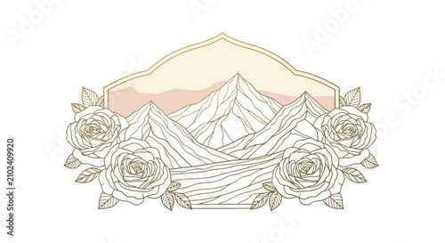 Photography Mountain peaks framed by roses in elegant line art design