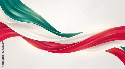 Elegant flowing fabric layers in vibrant shades of green white and red creating a smooth dynamic wave for artistic backgrounds