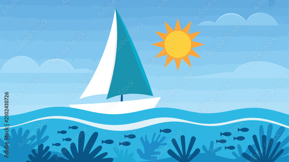 Naklejka premium Sailboat gracefully sailing on sparkling blue ocean with sun rays and marine life