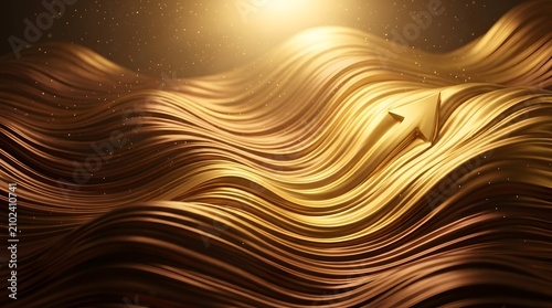 Abstract 3D composition of undulating golden liquid waves with a metallic finish featuring a prominent upward-pointing gold arrow symbol and floating particles under warm lighting.