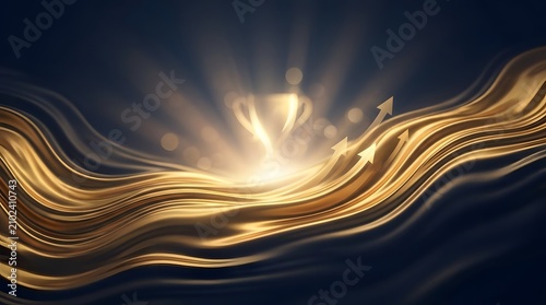 Abstract golden liquid waves with glowing trophy cup silhouette and rising arrows on a dark blue background with light rays and bokeh. Represents growth, success, and business achievement.