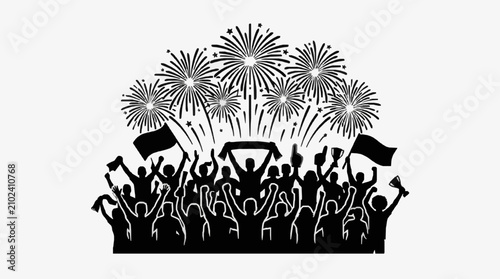 Silhouette crowd celebrating with fireworks and flags.