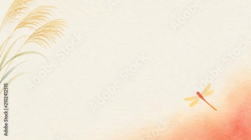 和紙の質感の背景に水彩イラストのススキと赤とんぼを描いた秋素材