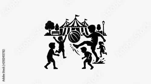 Foto Silhouette of children playing with ball at circus tent.