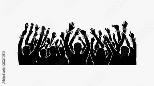 Photography Silhouette of cheering crowd with raised hands in celebration.