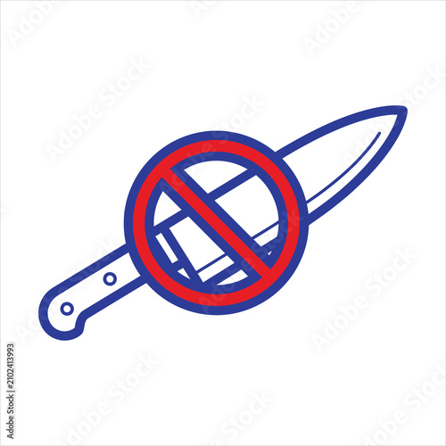 Knife outline inside a circular prohibition sign communicates a clear visual mandate that bladed tools are forbidden in this environment.