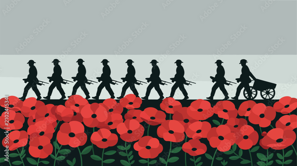 Fototapeta premium Silhouette figures of soldiers with rifles marching over a field of poppies