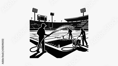 Tableau sur toile Workers cleaning baseball stadium infield at night.
