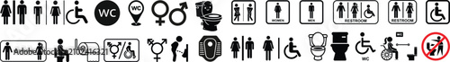 Wc icon set, toilet, restroom, man and woman, bathroom, disabled, dumpster, toilet paper, infant, showing public restroom icons, accessibility symbols, hygiene graphics, bathroom signage