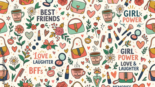 Colorful friendship themed pattern featuring hearts flowers makeup coffee mugs and empowering phrases celebrating love laughter and girl power in a playful style