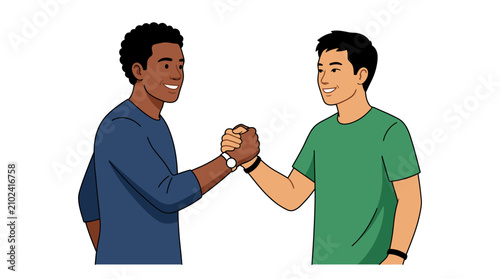 Diverse friendship handshake between two men expressing unity and mutual respect in a friendly gesture with different backgrounds smiling hands symbolizing friendship