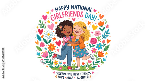 Celebrating friendship and love on national girlfriends day with joyful hugs and heartwarming cheers in a colorful floral design with flowers hearts celebrating