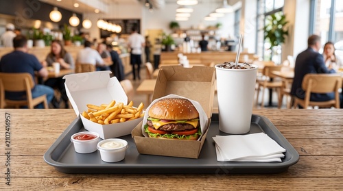 Fast food burger meal on tray in busy restaurant with blurred diners, junk food