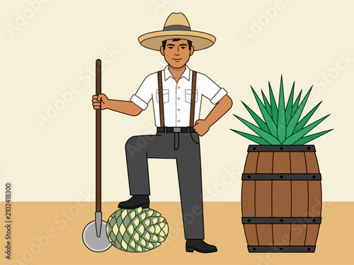 Mexican Jimador with Agave Piña and Barrel Illustration for Tequila Branding