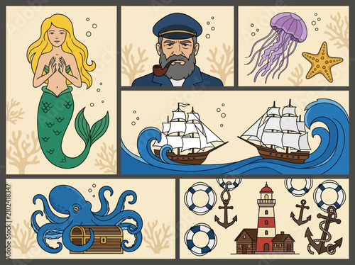 Nautical Illustration Set Featuring Mermaid, Sea Captain, Sailing Ships, and Sea Creatures in Comic Panel Style