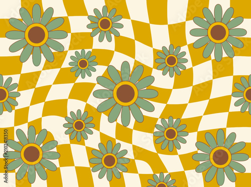Groovy 70s Retro Wavy Checkerboard Background with Green Daisy Flowers