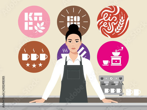 Barista in Coffee Shop Vector Illustration with Cafe Icons