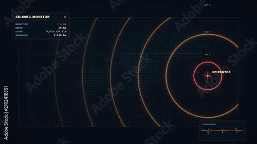 Seismic monitor earthquake visualization with epicenter shockwave rings and magnitude data