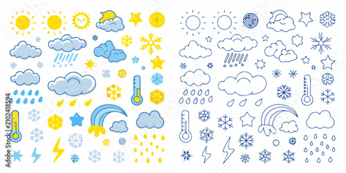 Weather symbols and icons hand drawn vector illustration on white background