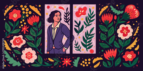 Foto Woman In Business Suit Surrounded By Floral Ornament Vector Illustration