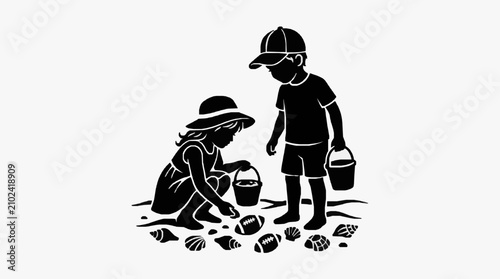Quadro su tela Two children playing with buckets on the beach.