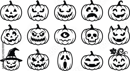 Φωτογραφία Collection of Fifteen Halloween Jack-o'-lantern Pumpkin Faces with Various Spook