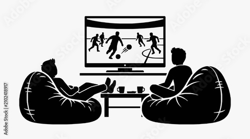 Quadro su tela Two friends watching soccer match on television in bean bags.