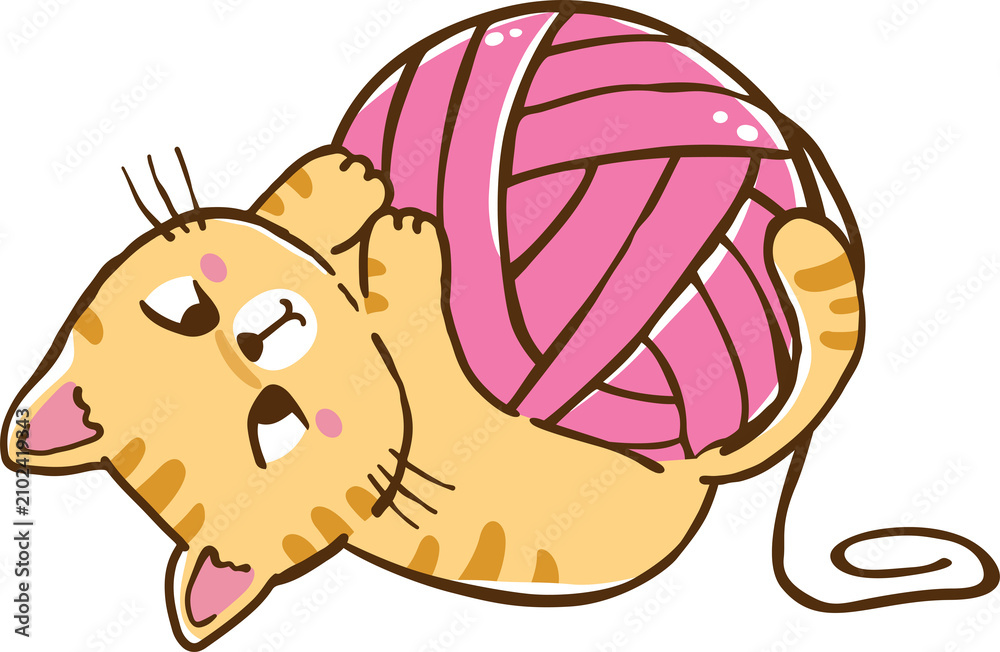 Naklejka premium Kawaii Cute Cat Playing with Yarn Ball Cartoon Hand Drawn Illustration
