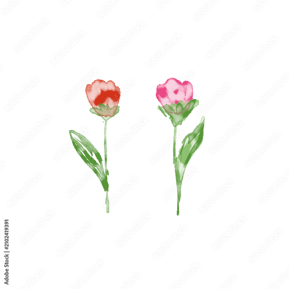 Fototapeta premium Minimalist watercolor illustration of two stylized flowers, one red and one pink, with green stems and leaves, isolated on a black background. Hand-painted art style.