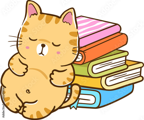 Bild auf Leinwand Kawaii Cute Cat Sleeping on Stack of Books Cartoon Hand Drawn Illustration