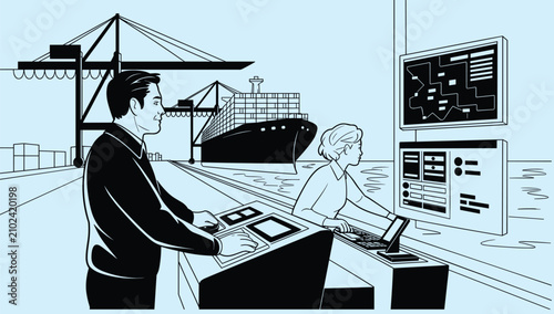 Φωτογραφία Dockworkers in Control Room: Two dockworkers, a man and a woman, oversee port operations from a control room, monitoring screens displaying shipping routes and cargo
