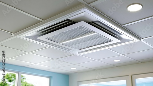 Modern ceiling mounted air purifier with HEPA filter in bright indoor environment