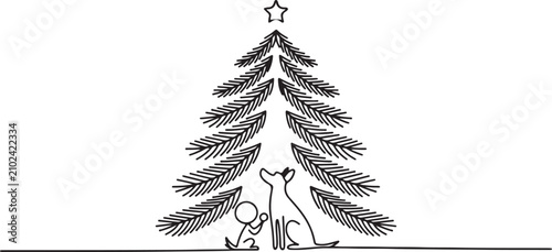 Minimalist line art illustration of a Christmas tree with a dog sitting under a star topped pine tree in simple stroke style