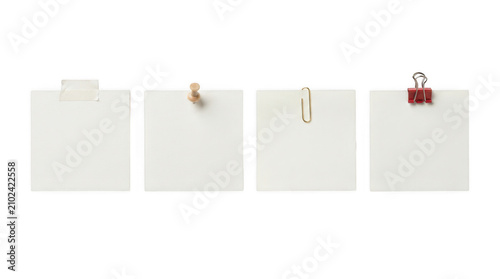 Four blank square paper notes with office clips on white background isolated on transparent background