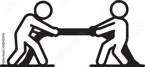 A simple black and white vector icon representing two stick figures playing tug of war, symbolizing competition and teamwork
