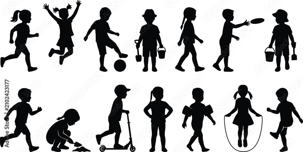 Obraz premium Children are depicted in various active poses and outdoor play activities as a collection of black silhouettes on a white background.