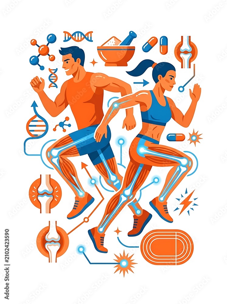 Obraz premium Athletic people running with scientific and medical health icons