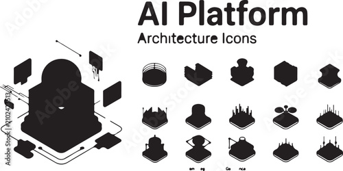 Professional Black Isometric Icons Collection Representing AI Network Topology and Cloud Computing System Design