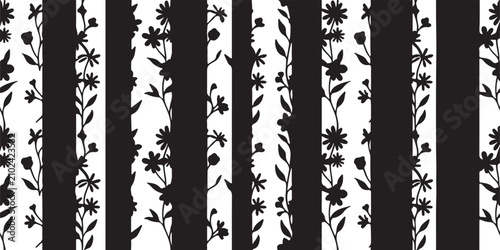 Seamless black and white stripe pattern with elegant wildflower silhouettes for modern botanical textile and decorative wallpaper design
