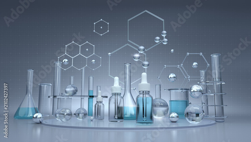 Cosmetic chemistry laboratory glassware equipment on bright background, 3D rendering