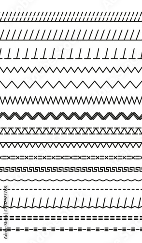 Machine embroidery stitches. Set of seamless thread sew brushes. Overlock fabric elements. Vector sewing seams. Outline border isolated on white background. Simple graphic illustration.