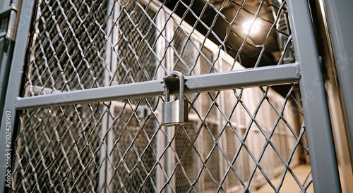 A metal padlock secures a chain-link gate, implying restriction or containment