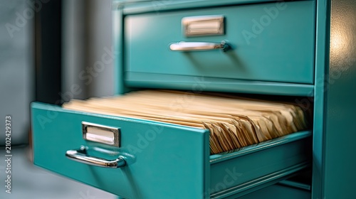 Close up of a teal metal filing cabinet with one drawer open, showing folders
