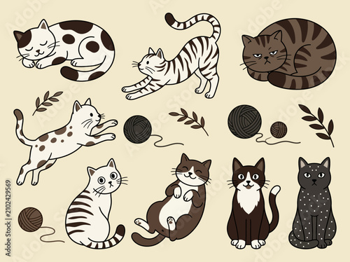 Collection of Cute Cartoon Cat Illustrations in Various Poses with Yarn Balls and Leaves, Flat Vector Style Hand Drawn Feline Characters Set