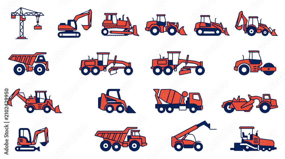 Fototapeta premium Set of Construction Vehicles and Heavy Machinery Icons for Industrial Engineering and Building Site Infrastructure Design Projects