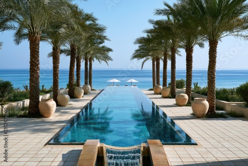 Luxury infinity pool lined with palm trees leads to ocean view